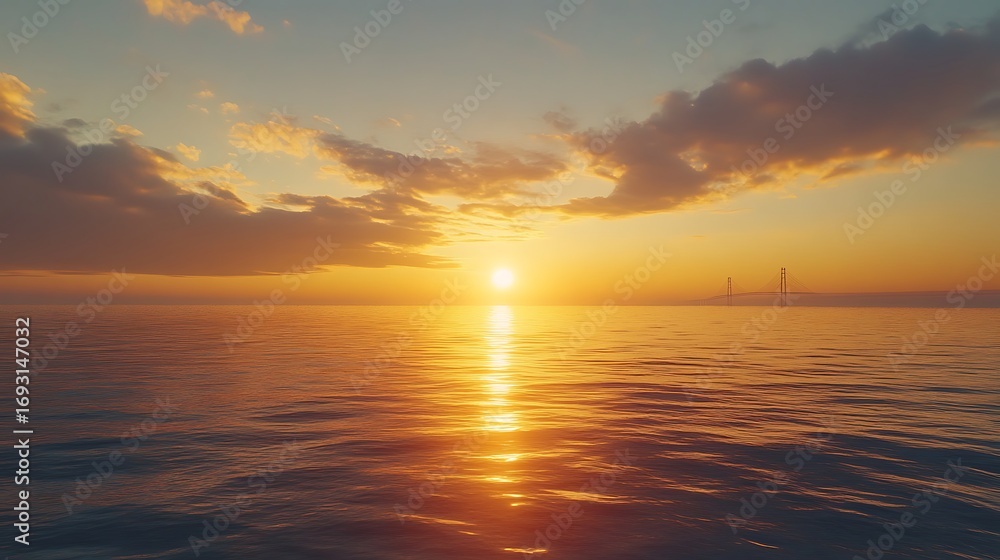 Fototapeta premium Beautiful sunset over calm ocean waves with colorful sky reflection picture