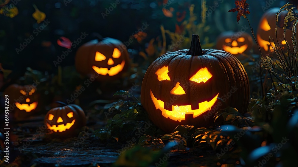 Fototapeta premium Close-up of carved jack-o-lantern with glowing light inside, surrounded by other pumpkins in dark forest setting. Fallen leaves cover ground. Generative by AI