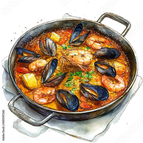 Paella, watercolor illustration vector, isolated on a white background.