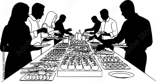 Set of Silhouette Buffet and People. Vector Illustrations of Dining Table, Food and Guests at Banquet or Party