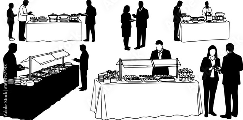 Set of Silhouette Buffet and People. Vector Illustrations of Dining Table, Food and Guests at Banquet or Party