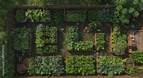 Green Vegetable Garden with Raised Beds and Wooden Fence Aerial View