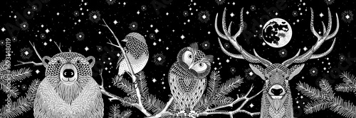 Hand Drawn Winter Solstice Forest Animals Illustration with Moon and Stars