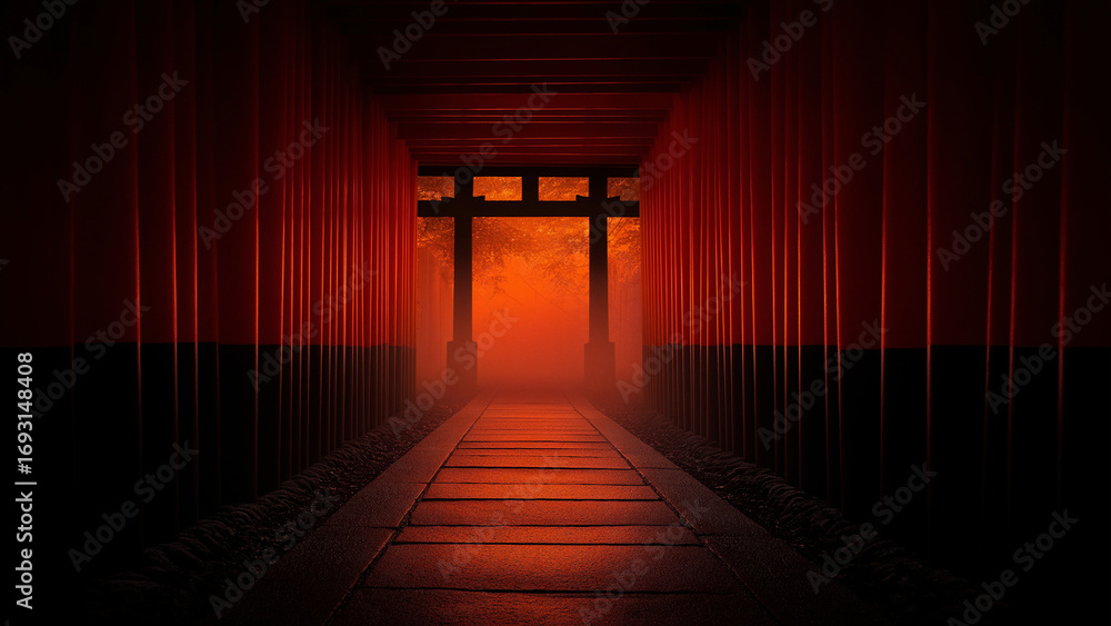 Fototapeta premium Endless Vermilion Torii Gates with Sunlight and Lanterns in image of Kyoto Shrine