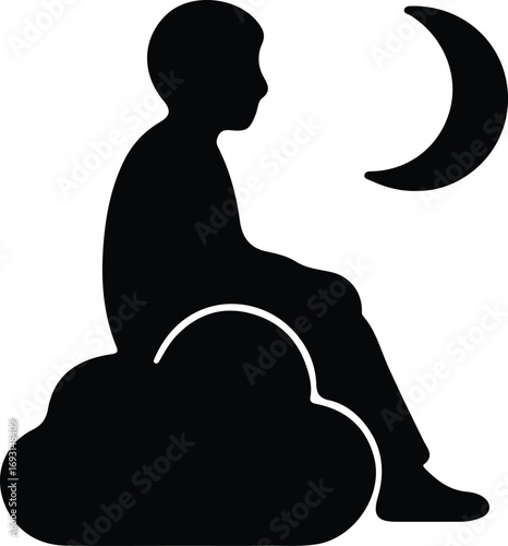 Illustrator Vector Boy sitting on cloud looking at the moon silhouette