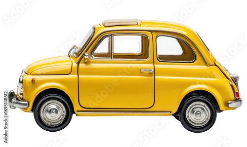 Side view of a bright yellow vintage car model.  A classic, small, retro car with a sunroof