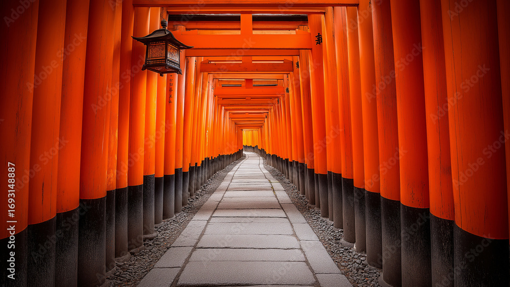 Fototapeta premium Endless Vermilion Torii Gates with Sunlight and Lanterns in image of Kyoto Shrine