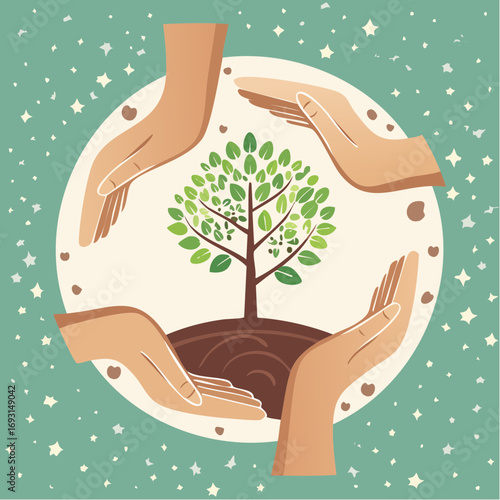 Reforestation Vector Icon with Hands Protecting Growing Tree