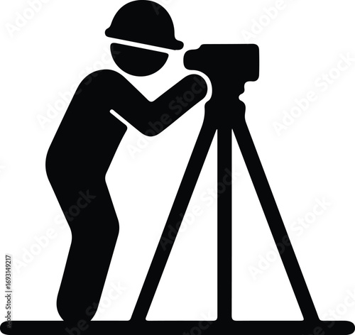 Illustrator Vector Surveyor using theodolite wearing hardhat on tripod silhouette