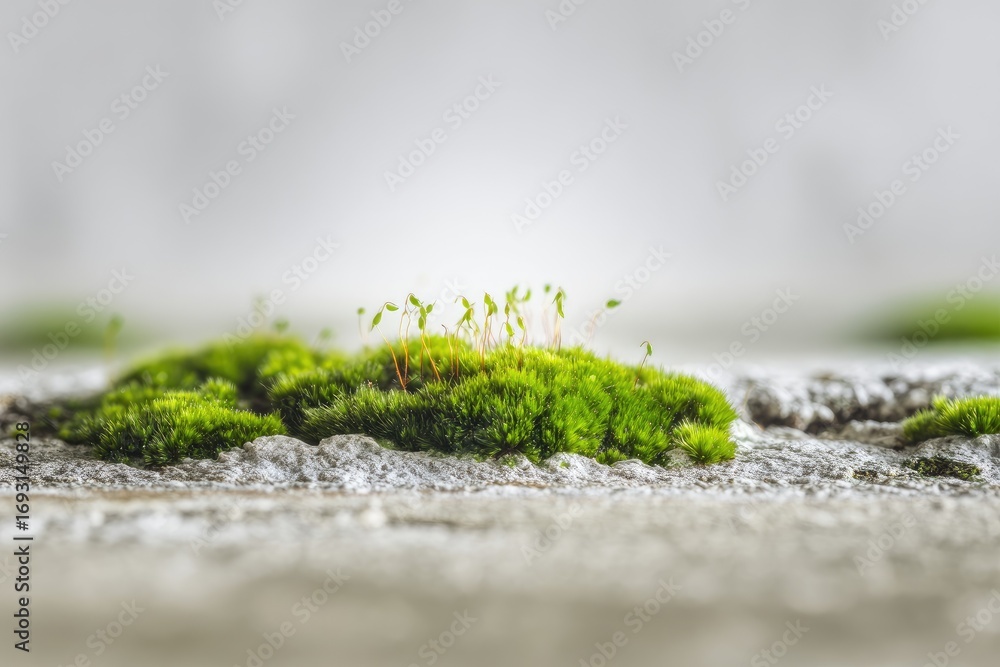 Fototapeta premium Close-up of small plants growing out of moss on light gray concrete