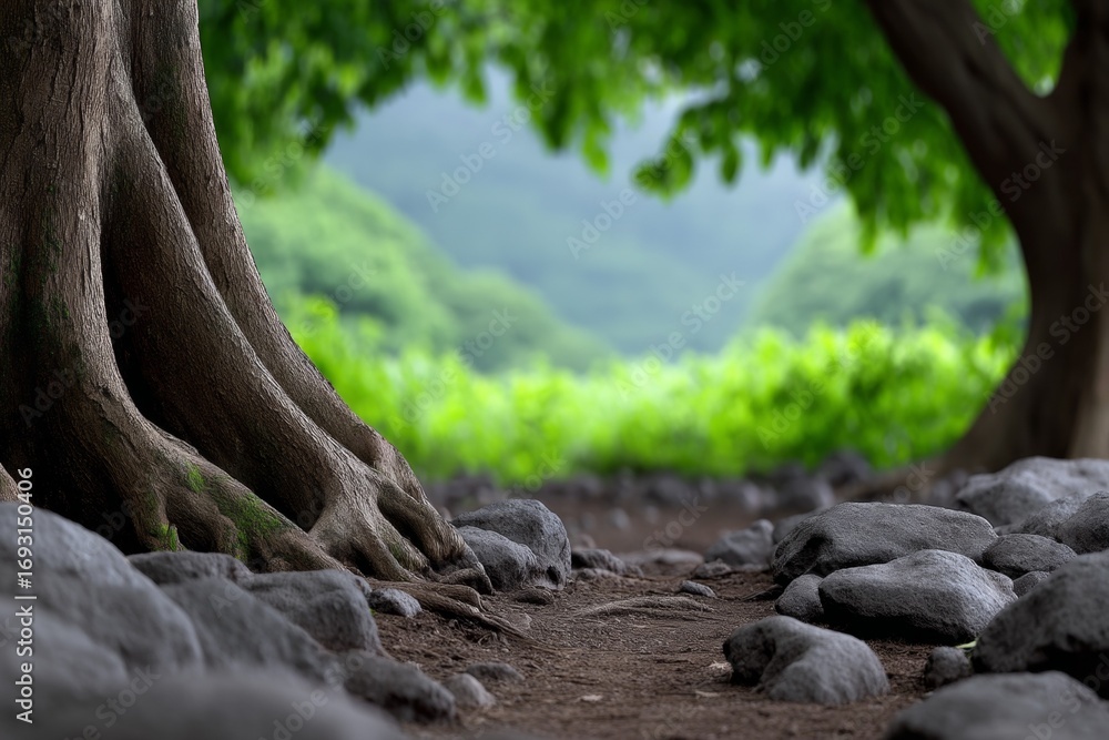 Fototapeta premium Enchanted forest pathway with lush greenery and ancient trees