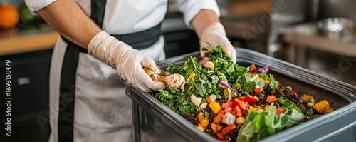 Chef Sorting Food Waste in Bin with Gloves, Sustainability , Recycling