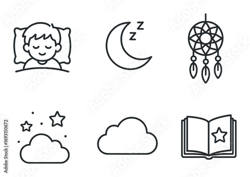 Sleeping and dreaming linear icon set. featuring child, moon, dreamcatcher, stars, cloud, and book symbols.