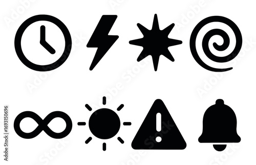 General signs silhouette icon set. featuring clock, bolt, star, spiral, infinity, sun, alert, bell symbols.