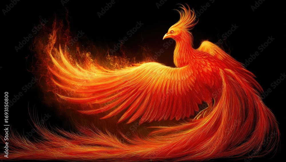 Fototapeta premium A vibrant, fiery phoenix soars against a dark backdrop, its magnificent plumage ablaze with intense orange hues.