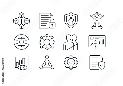 Technology and security linear icon set. featuring blockchain, cybersecurity, network, and data protection symbols.