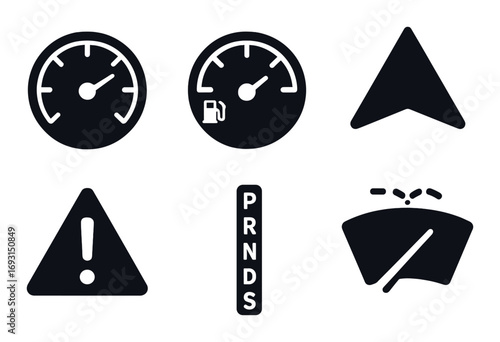 Automotive dashboard silhouette icon set. featuring speedometer, fuel gauge, turn signal, hazard, gears, wipers.