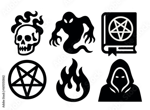 Halloween symbols silhouette icon set. featuring skull, ghost, pentagram, book, flame, hooded figure.