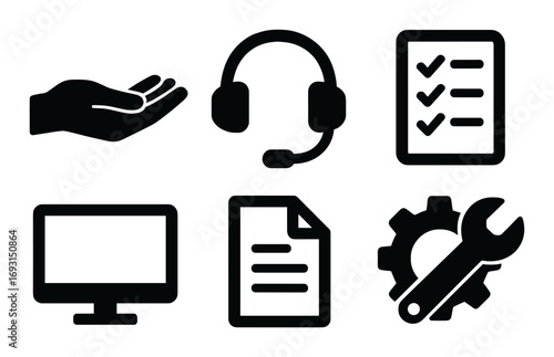 Business support silhouette icon set. featuring hand, headset, checklist, monitor, document, settings symbols.
