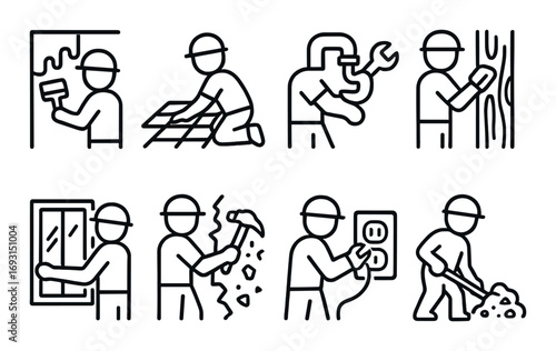 Construction worker linear icon set. featuring painting, tiling, welding, carpentry, demolition, electrical, digging.