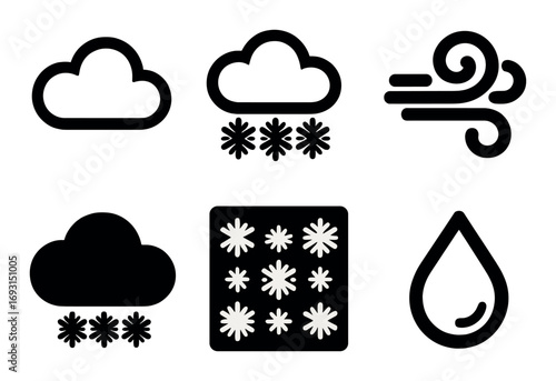 Weather silhouette icon set. featuring cloud, snow, wind, snowfall, snowflake, and raindrop symbols.