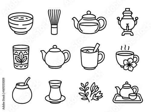 Tea culture linear icon set. featuring matcha, teapot, samovar, herbal, cup, hibiscus, yerba mate, and chai symbols.