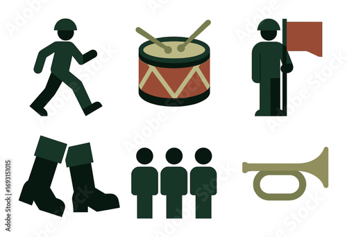 Military parade silhouette icon set. featuring drummer, marching, flag, soldiers, boots, and trumpet symbols.