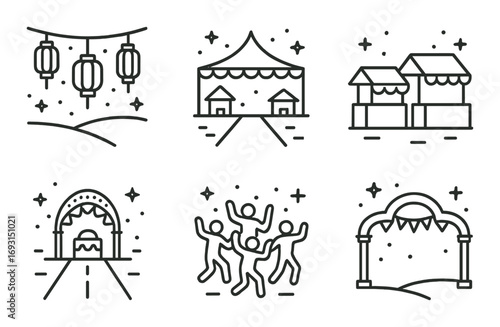 Festival celebration linear icon set. featuring lanterns, tent, food stalls, archways, dancing, and decorations.