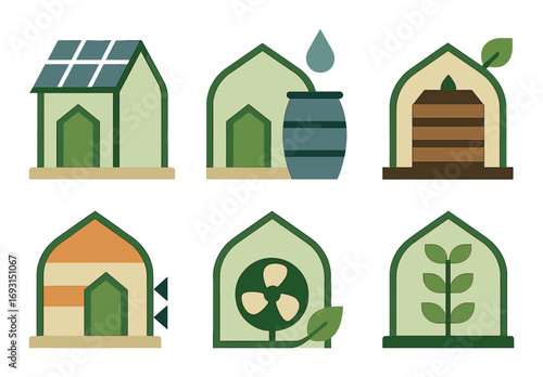 Eco home flat icon set. featuring solar panel, water barrel, greenhouse, ventilation, plant, and eco house symbols.