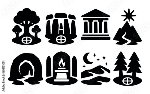 Nature and history silhouette icon set. featuring forest, stonehenge, temple, mountains, cave, monument, night scene.