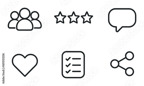 Communication and interaction silhouette icon set. featuring group, stars, chat, heart, checklist, and share symbols.