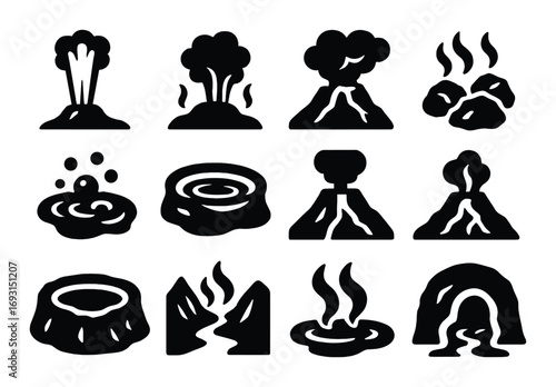 Geological phenomena silhouette icon set. featuring geyser, volcano, magma, crater, and seismic symbols.