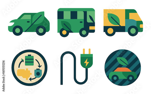Eco transport flat icon set. featuring car, bus, truck, engine, plug, and leaf symbols.