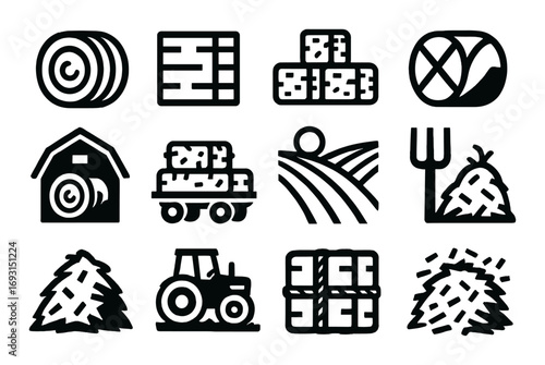 Farming silhouette icon set. featuring hay, tractor, barn, bales, fields, and harvest symbols.