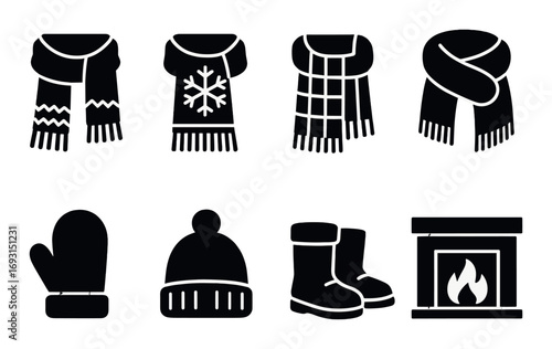 Winter clothing silhouette icon set. featuring scarf, sweater, mitten, hat, boots, and fireplace symbols.