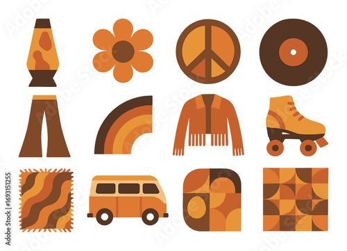 1970s retro silhouette icon set. featuring lava lamp, flower, peace sign, vinyl, jacket, and roller skate.