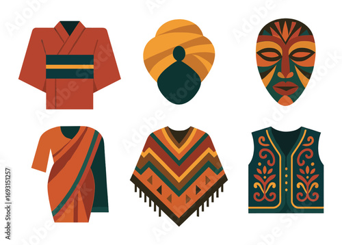 Traditional clothing silhouette icon set. featuring kimono, turban, mask, sari, poncho, and vest symbols.