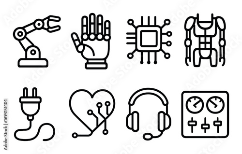 Technology and robotics linear icon set. featuring robot arm, prosthetic hand, microchip, exoskeleton, plug, ai heart, headset, and control panel icons.