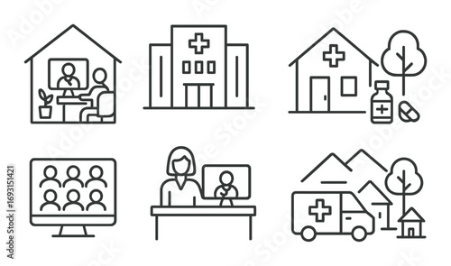Healthcare facilities linear icon set. featuring hospital, clinic, telemedicine, ambulance, and community care symbols.