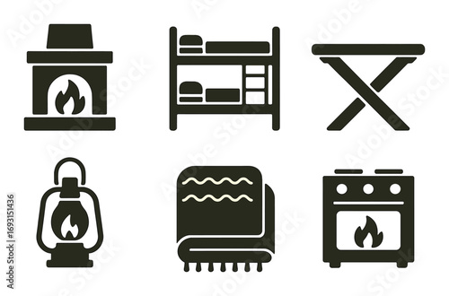 Home essentials silhouette icon set. featuring fireplace, bunk bed, table, lantern, blanket, stove.