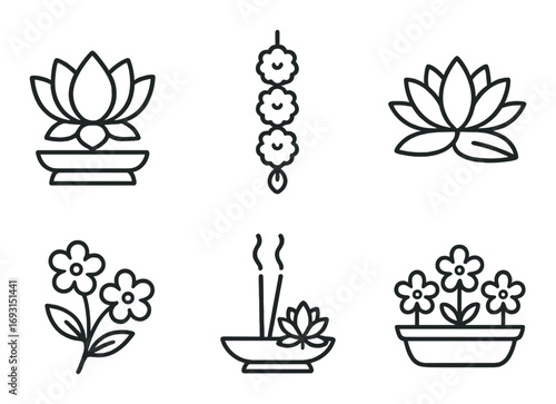 Floral and aroma linear icon set. featuring lotus, garland, flower, incense, and aromatic bowl symbols.