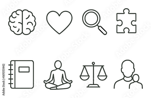 Self-care linear icon set. featuring brain, heart, magnifying glass, puzzle, notebook, meditation, balance, family.