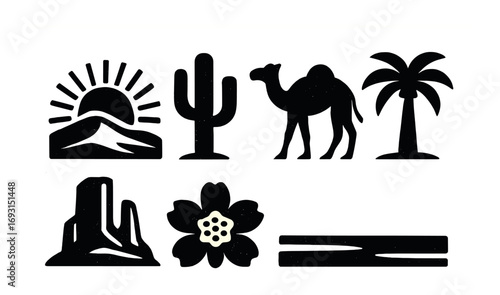 Desert silhouette icon set. featuring sun, cactus, camel, palm, mesa, flower, and oasis symbols.