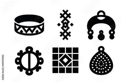 Cultural jewelry silhouette icon set. featuring bracelet, pendant, earring, amulet, ornament, and teardrop..