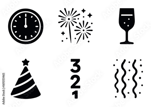 New year celebration silhouette icons set. featuring clock, fireworks, wine glass, party hat, countdown, and streamers.