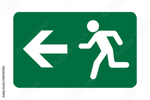 An emergency exit sign showing a person fleeing towards the exit. Modern flat vector sticker label with icon and badge style, transparent background