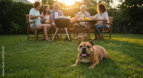 Happy Brown Bulldog Lying on Green Lawn with Family Enjoying Outdoor Meal at Sunset