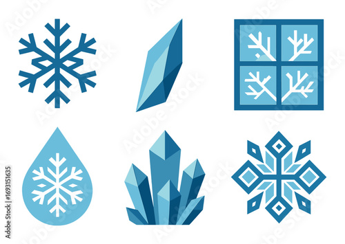 Winter elements flat icon set. featuring snowflake, ice shard, window, water drop, crystal, geometric pattern.