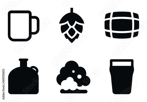 Brewery silhouette icon set. featuring mug, hop cone, barrel, jug, foam, and pint glass symbols.