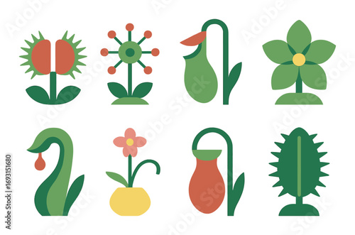 Floral silhouette icon set. featuring poppy, dandelion, pitcher plant, flower, and cactus designs.